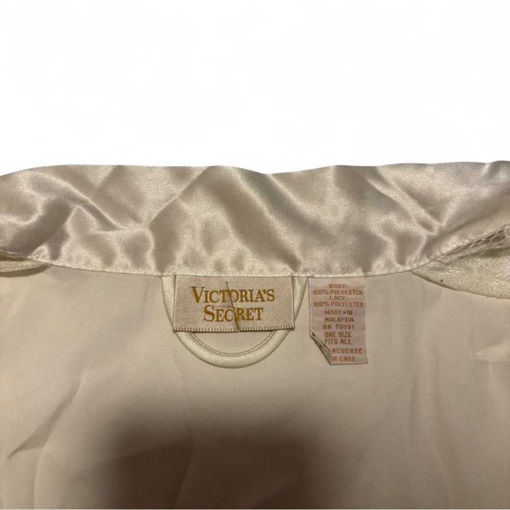 VTG Victoria Secret Gold Label OS Sheer Lace Mini Robe Ivory Satin Floral Kimono - Picture 6 of 6